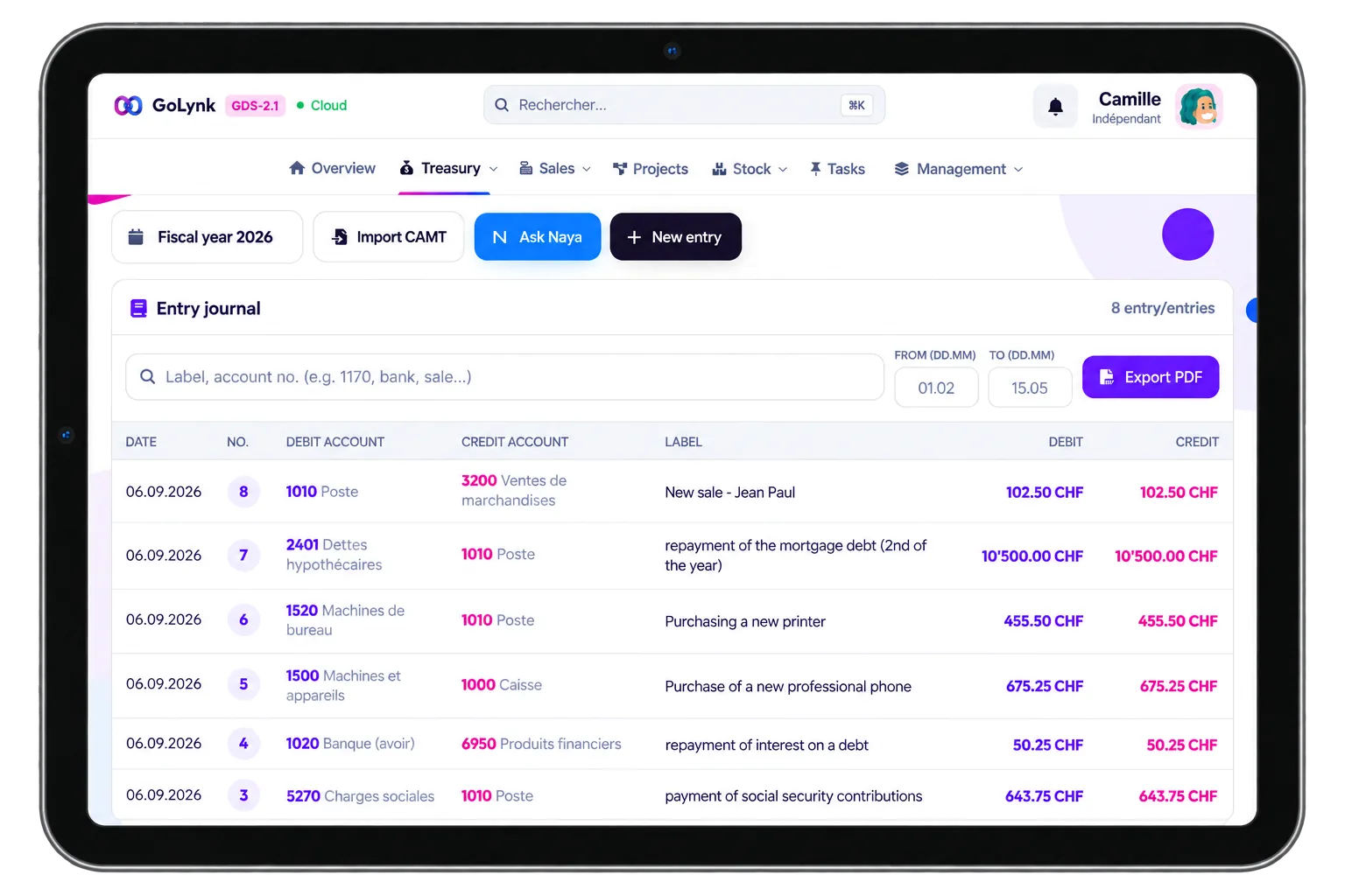 Journal comptable GoLynk — des écritures claires