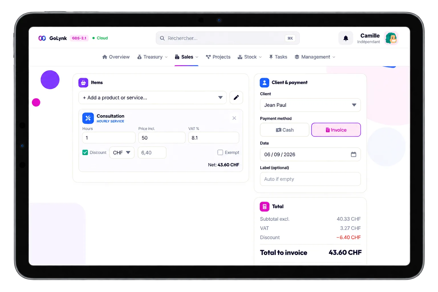 Créer une vente dans GoLynk — stock et comptabilité mis à jour